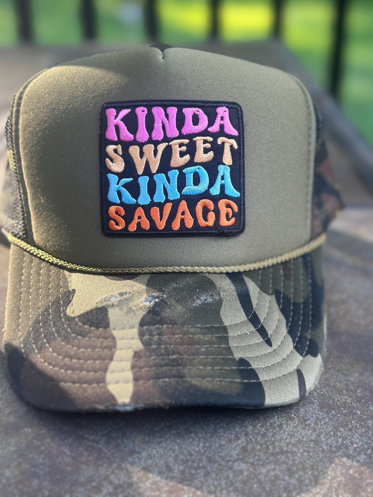 Camo “Kinda Sweet Kinda Savage” destructed Hat.