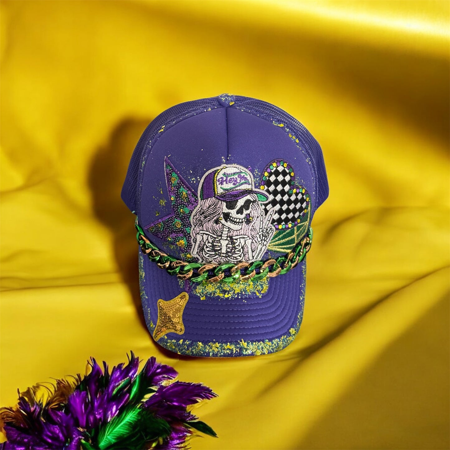 Mardi Gras Skeleton Trucker Hat – Purple Green Gold Chain Hat with Glitter Paint | Parade & Festival Statement Cap