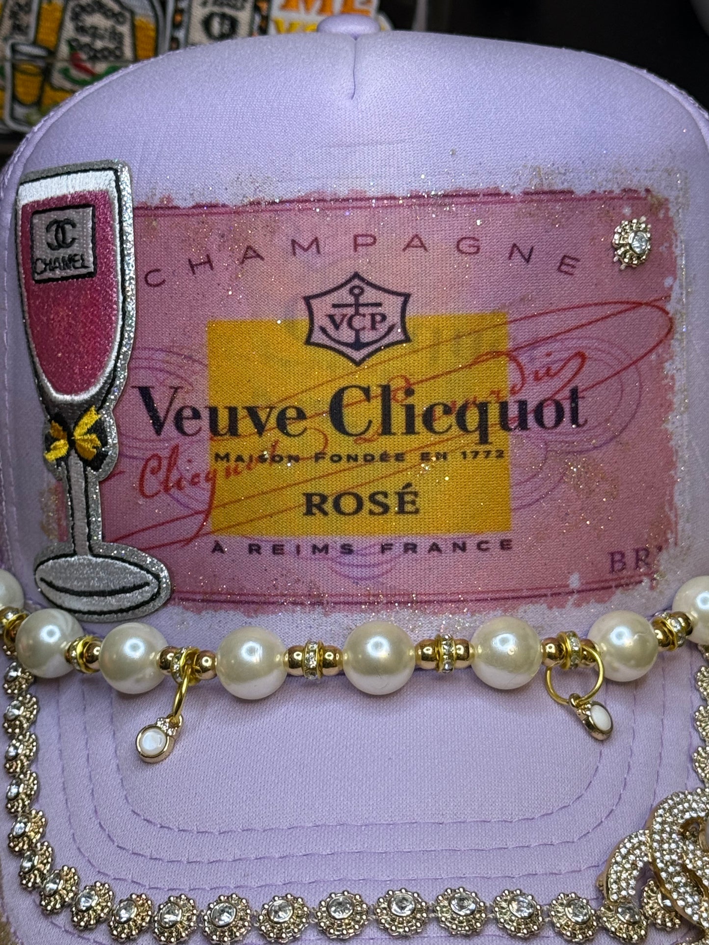 Pink Champagne Bling Trucker Hat | Luxury-Inspired Pearl & Rhinestone Hat | Girls Trip Western Glam Cap