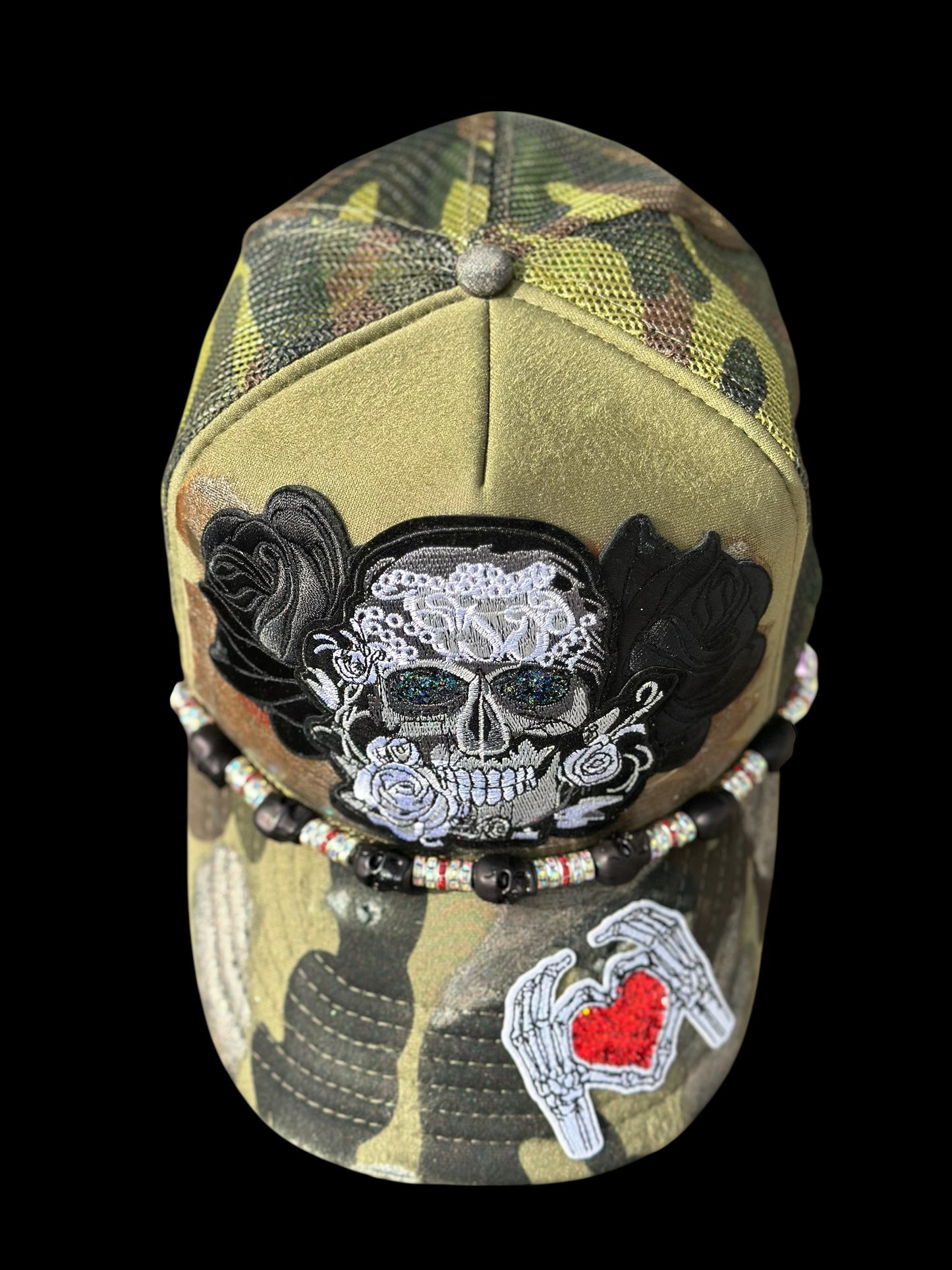 Custom Skull Camo Hat | Distressed Green/Black Cap with Glitter Eyes, Roses & Chain | Unique Statement Hat