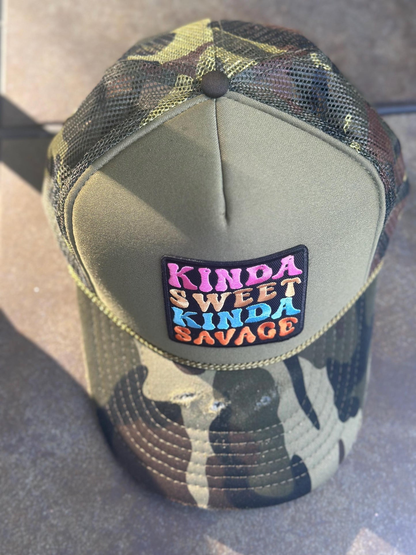 Camo “Kinda Sweet Kinda Savage” destructed Hat.