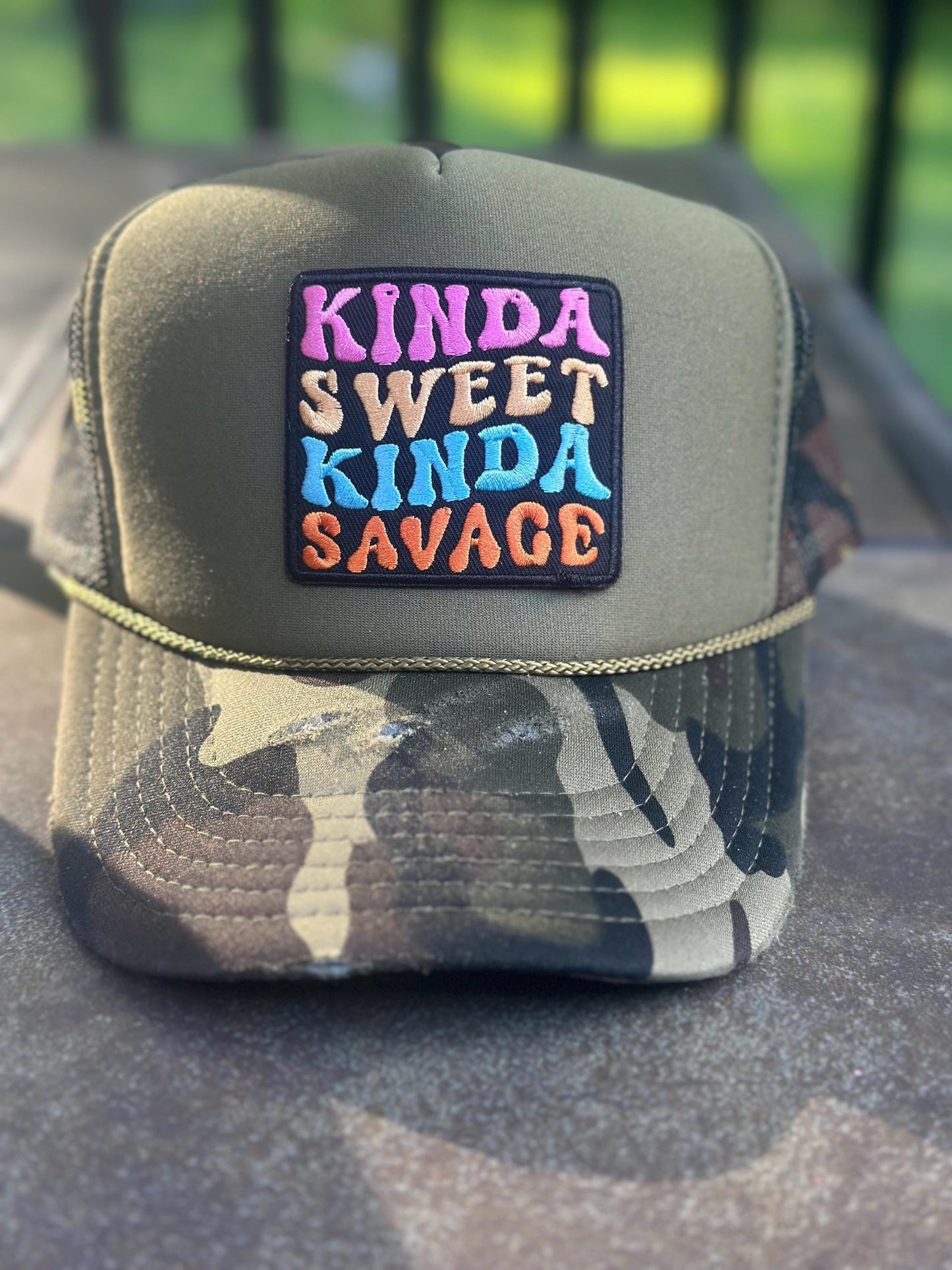 Camo “Kinda Sweet Kinda Savage” destructed Hat.