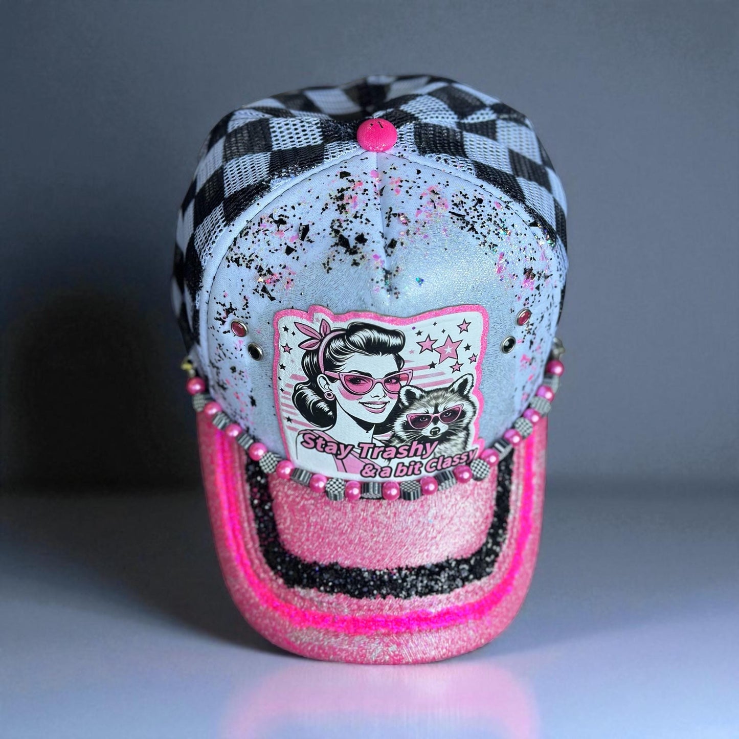 Neon Pink And Black And White Checkered Mesh “Stay Trashy And A Little Classy” Adjustible Hat with silver foiling and black and pink glitter