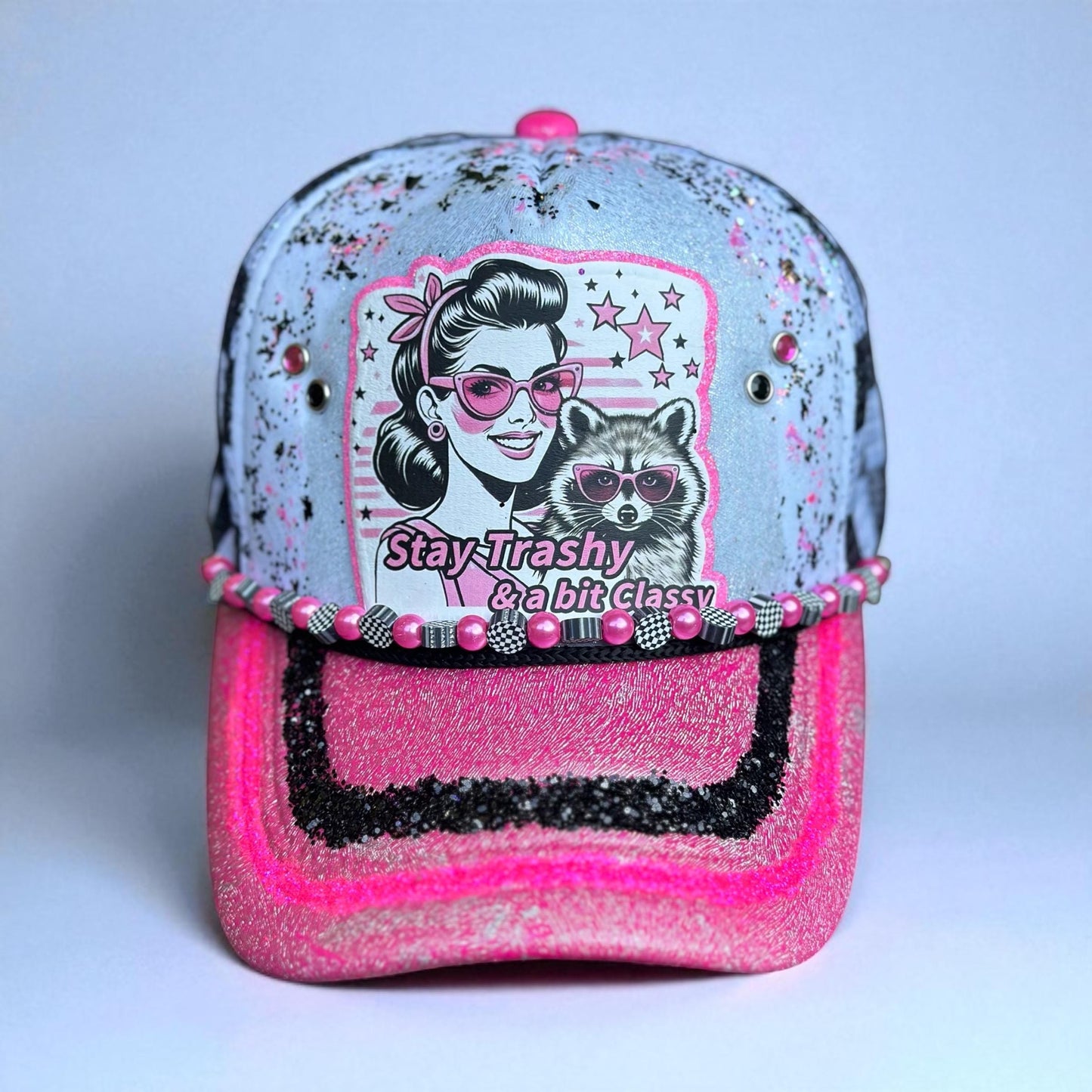 Neon Pink And Black And White Checkered Mesh “Stay Trashy And A Little Classy” Adjustible Hat with silver foiling and black and pink glitter