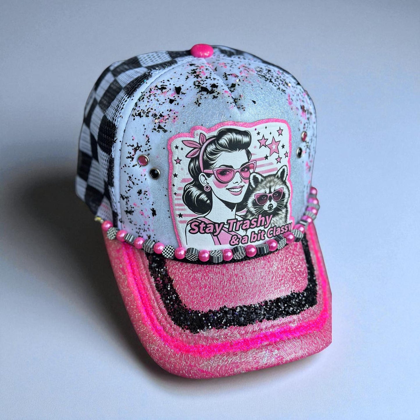 Neon Pink And Black And White Checkered Mesh “Stay Trashy And A Little Classy” Adjustible Hat with silver foiling and black and pink glitter