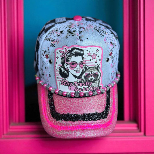 Neon Pink And Black And White Checkered Mesh “Stay Trashy And A Little Classy” Adjustible Hat with silver foiling and black and pink glitter