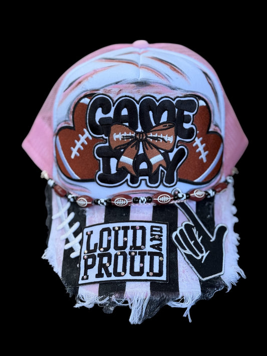 Custom Game Day Loud and Proud Football Hat: Lt Pink and White and referee striped bill.