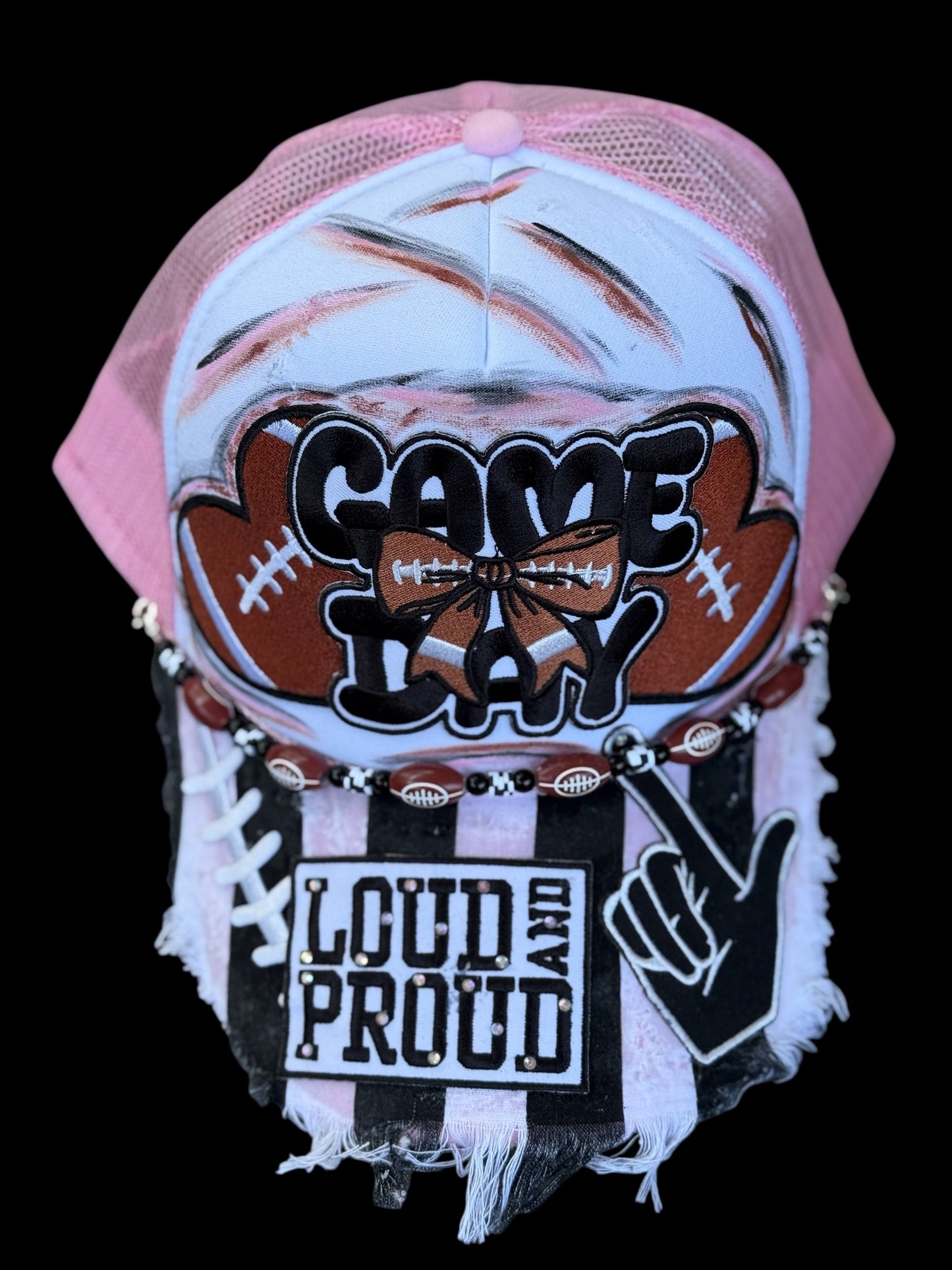 Custom Game Day Loud and Proud Football Hat: Lt Pink and White and referee striped bill.