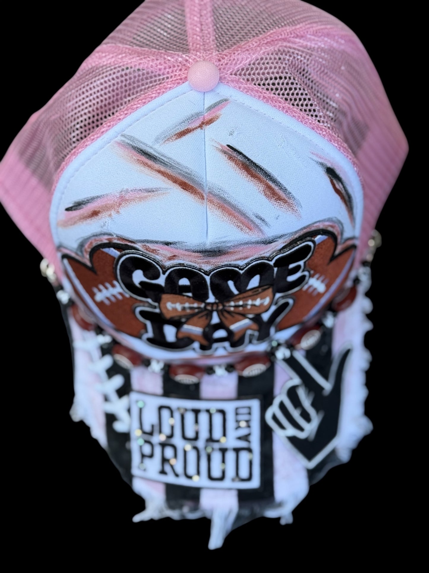 Custom Game Day Loud and Proud Football Hat: Lt Pink and White and referee striped bill.