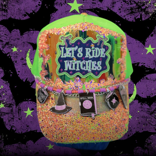 ✨ Let’s Ride Witches Glow-in-the-Dark Hat Patch | Hand-Painted, Glitter, Foil & Distressed | One-of-a-Kind Witchy Halloween Hat