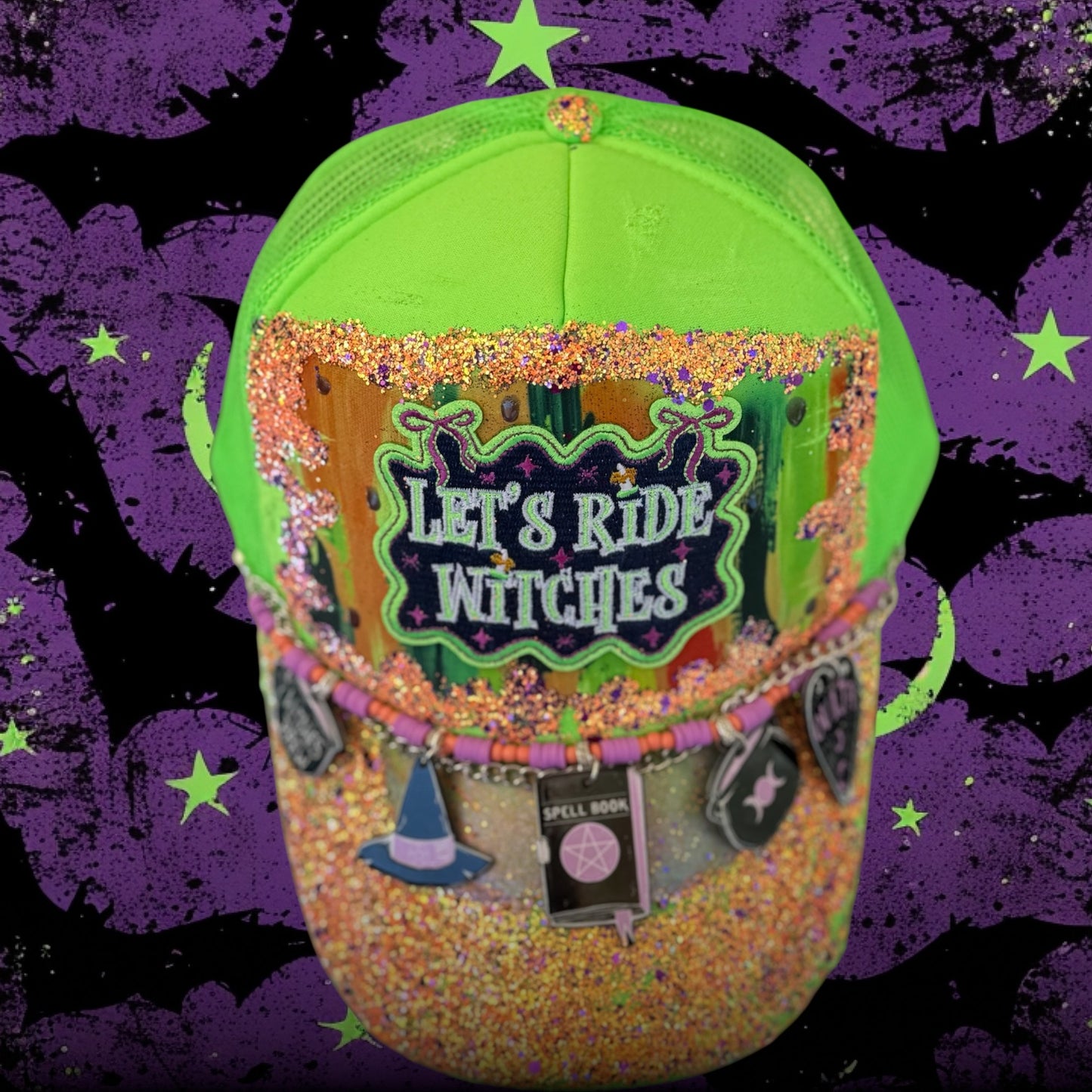 ✨ Let’s Ride Witches Glow-in-the-Dark Hat Patch | Hand-Painted, Glitter, Foil & Distressed | One-of-a-Kind Witchy Halloween Hat