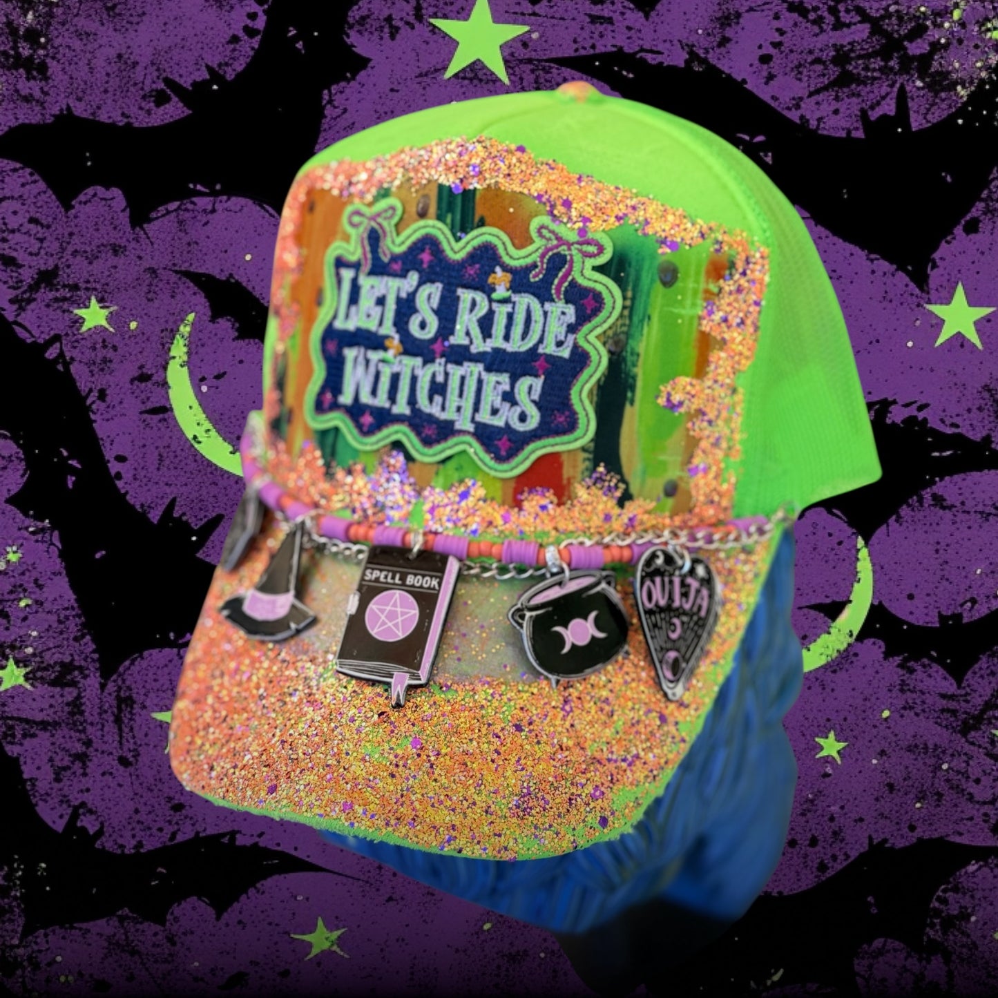 ✨ Let’s Ride Witches Glow-in-the-Dark Hat Patch | Hand-Painted, Glitter, Foil & Distressed | One-of-a-Kind Witchy Halloween Hat