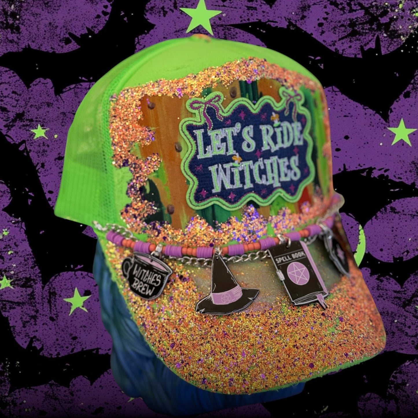 ✨ Let’s Ride Witches Glow-in-the-Dark Hat Patch | Hand-Painted, Glitter, Foil & Distressed | One-of-a-Kind Witchy Halloween Hat