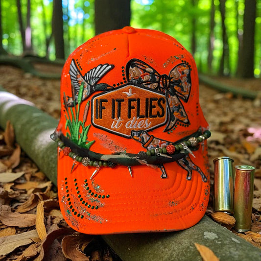 Women’s Blaze Orange Hunting Hat – “If It Flies It Dies” Embroidered Cap