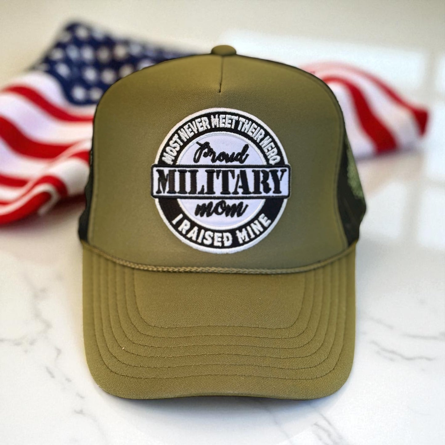 Proud Military Mom Trucker Hat – Olive Green Embroidered Cap