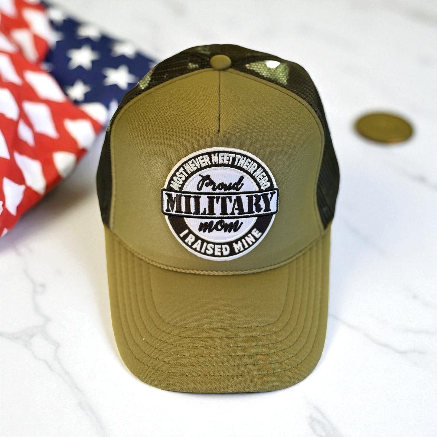 Proud Military Mom Trucker Hat – Olive Green Embroidered Cap