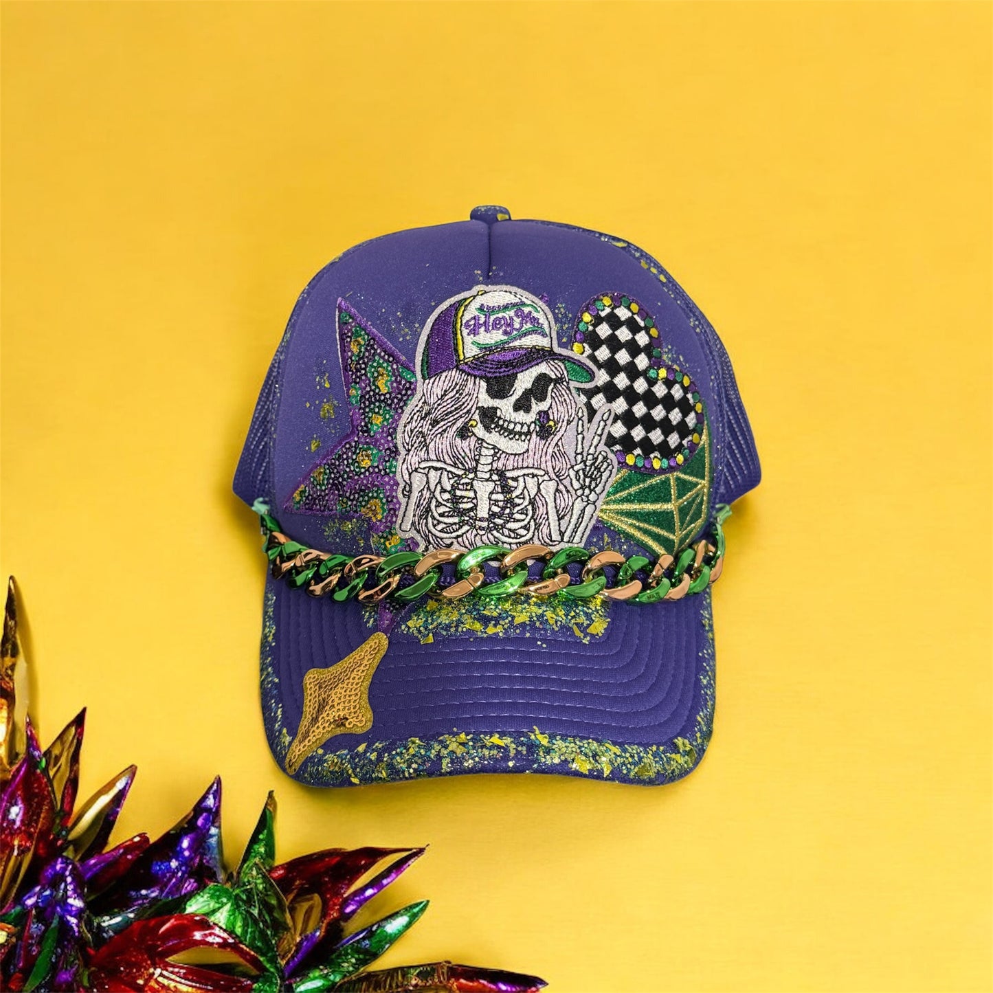Mardi Gras Skeleton Trucker Hat – Purple Green Gold Chain Hat with Glitter Paint | Parade & Festival Statement Cap
