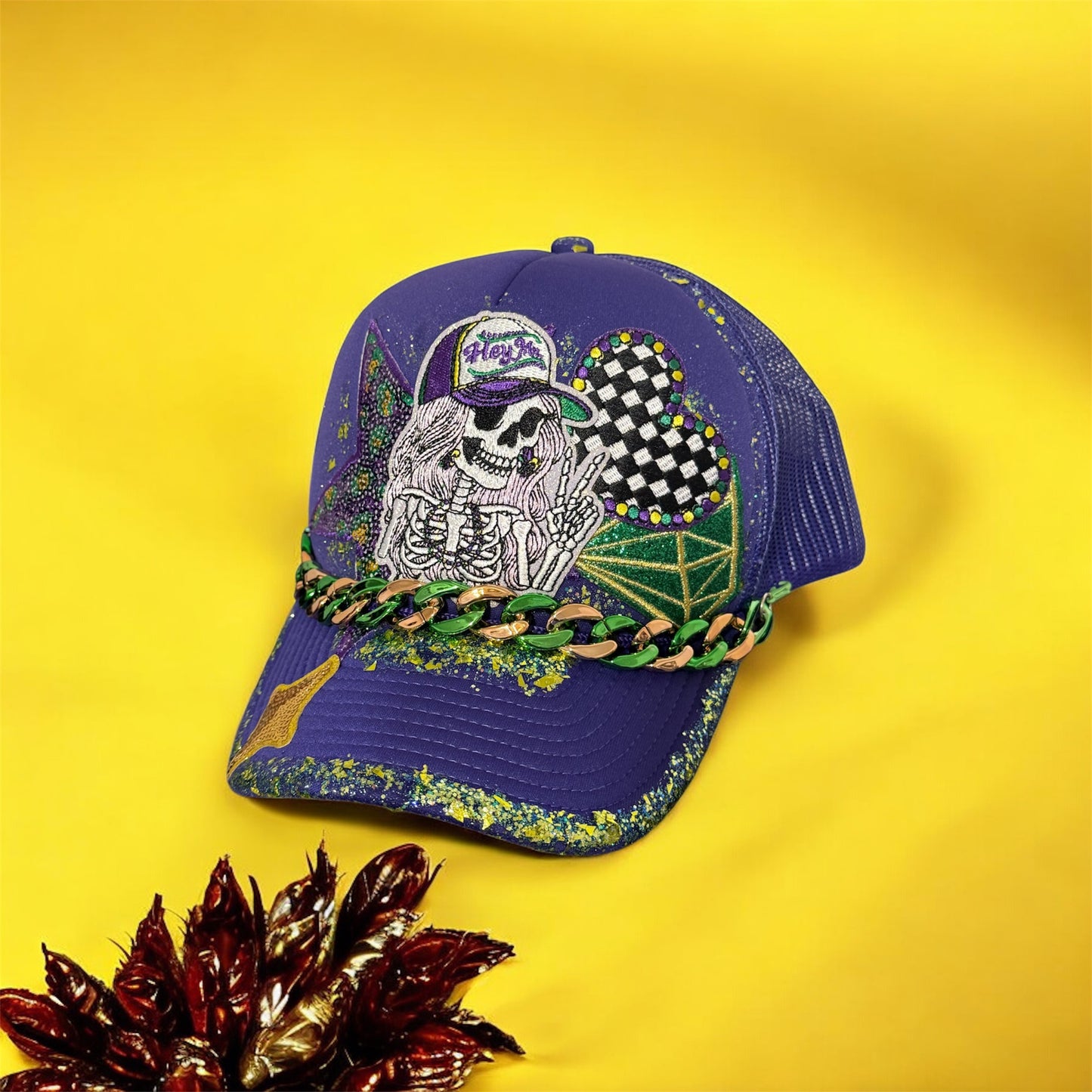 Mardi Gras Skeleton Trucker Hat – Purple Green Gold Chain Hat with Glitter Paint | Parade & Festival Statement Cap