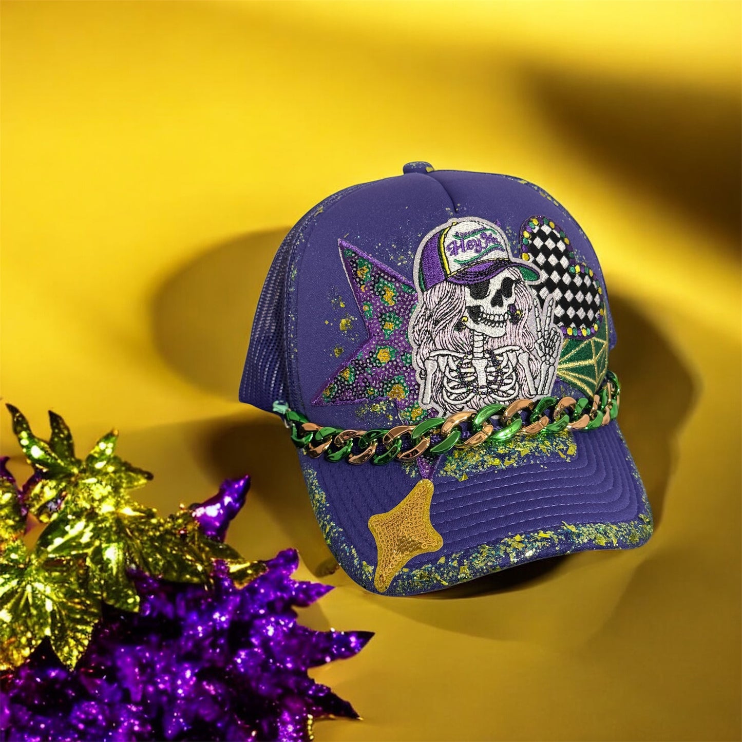 Mardi Gras Skeleton Trucker Hat – Purple Green Gold Chain Hat with Glitter Paint | Parade & Festival Statement Cap