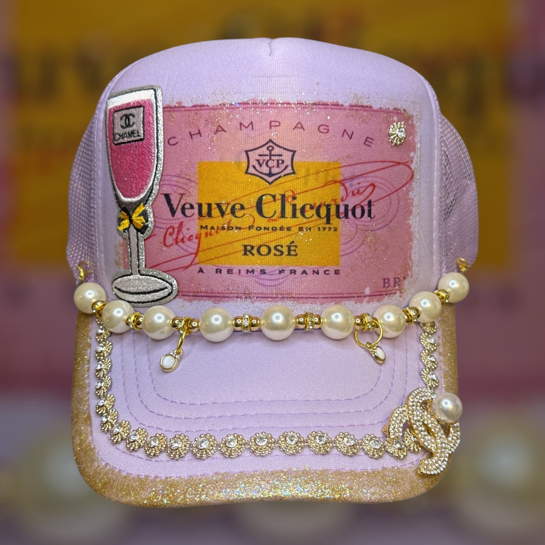 Pink Champagne Bling Trucker Hat | Luxury-Inspired Pearl & Rhinestone Hat | Girls Trip Western Glam Cap