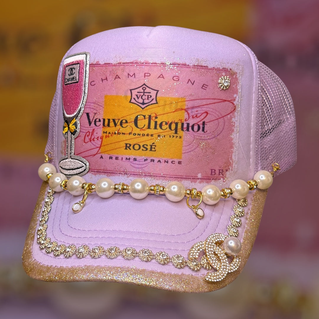 Pink Champagne Bling Trucker Hat | Luxury-Inspired Pearl & Rhinestone Hat | Girls Trip Western Glam Cap