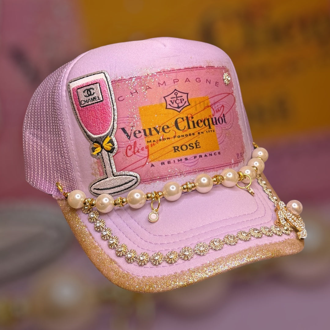 Pink Champagne Bling Trucker Hat | Luxury-Inspired Pearl & Rhinestone Hat | Girls Trip Western Glam Cap