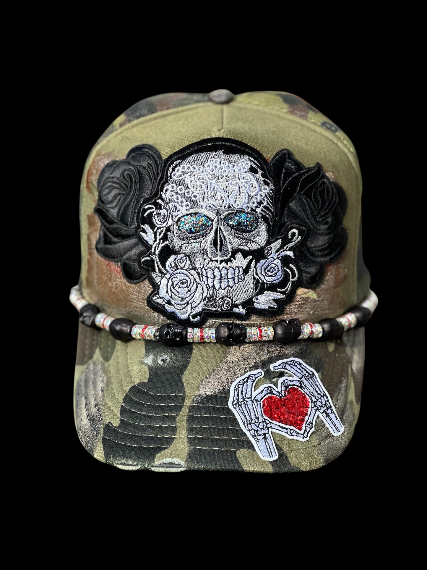 Custom Skull Camo Hat | Distressed Green/Black Cap with Glitter Eyes, Roses & Chain | Unique Statement Hat