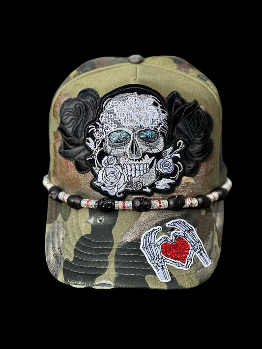 Custom Skull Camo Hat | Distressed Green/Black Cap with Glitter Eyes, Roses & Chain | Unique Statement Hat