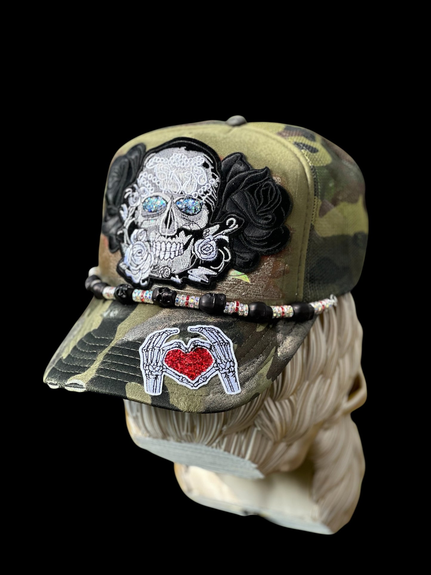 Custom Skull Camo Hat | Distressed Green/Black Cap with Glitter Eyes, Roses & Chain | Unique Statement Hat