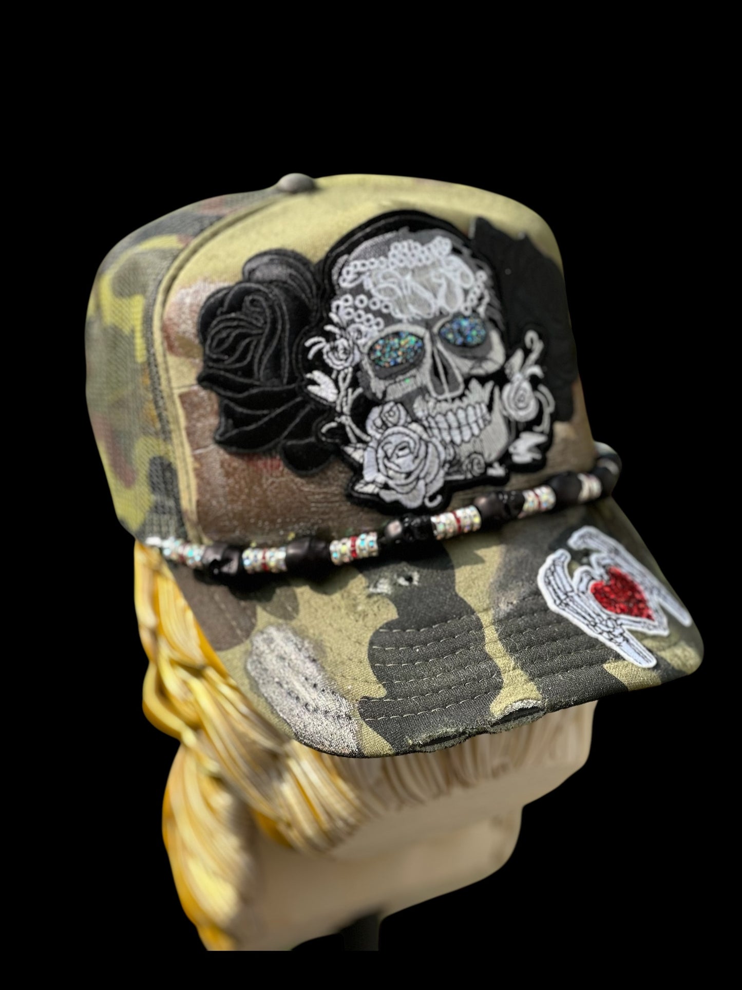 Custom Skull Camo Hat | Distressed Green/Black Cap with Glitter Eyes, Roses & Chain | Unique Statement Hat