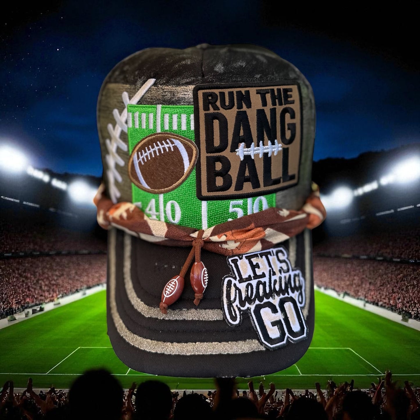Custom Run The Dang Ball Football Hat | Cloth Football Hat Chain | Hand Painted “Lets Freakin Go” Glitter Accent Cap