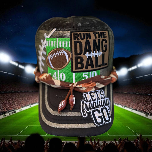 Custom Run The Dang Ball Football Hat | Cloth Football Hat Chain | Hand Painted “Lets Freakin Go” Glitter Accent Cap