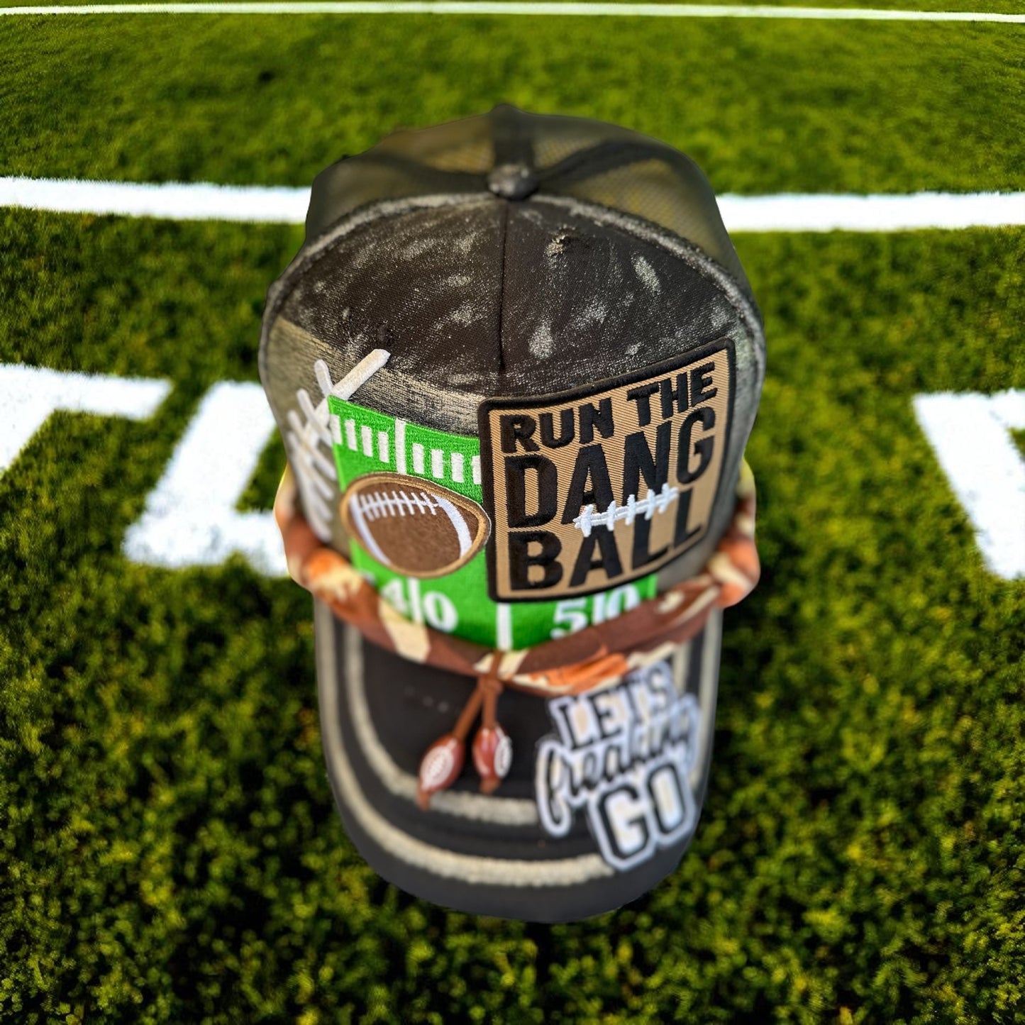 Custom Run The Dang Ball Football Hat | Cloth Football Hat Chain | Hand Painted “Lets Freakin Go” Glitter Accent Cap