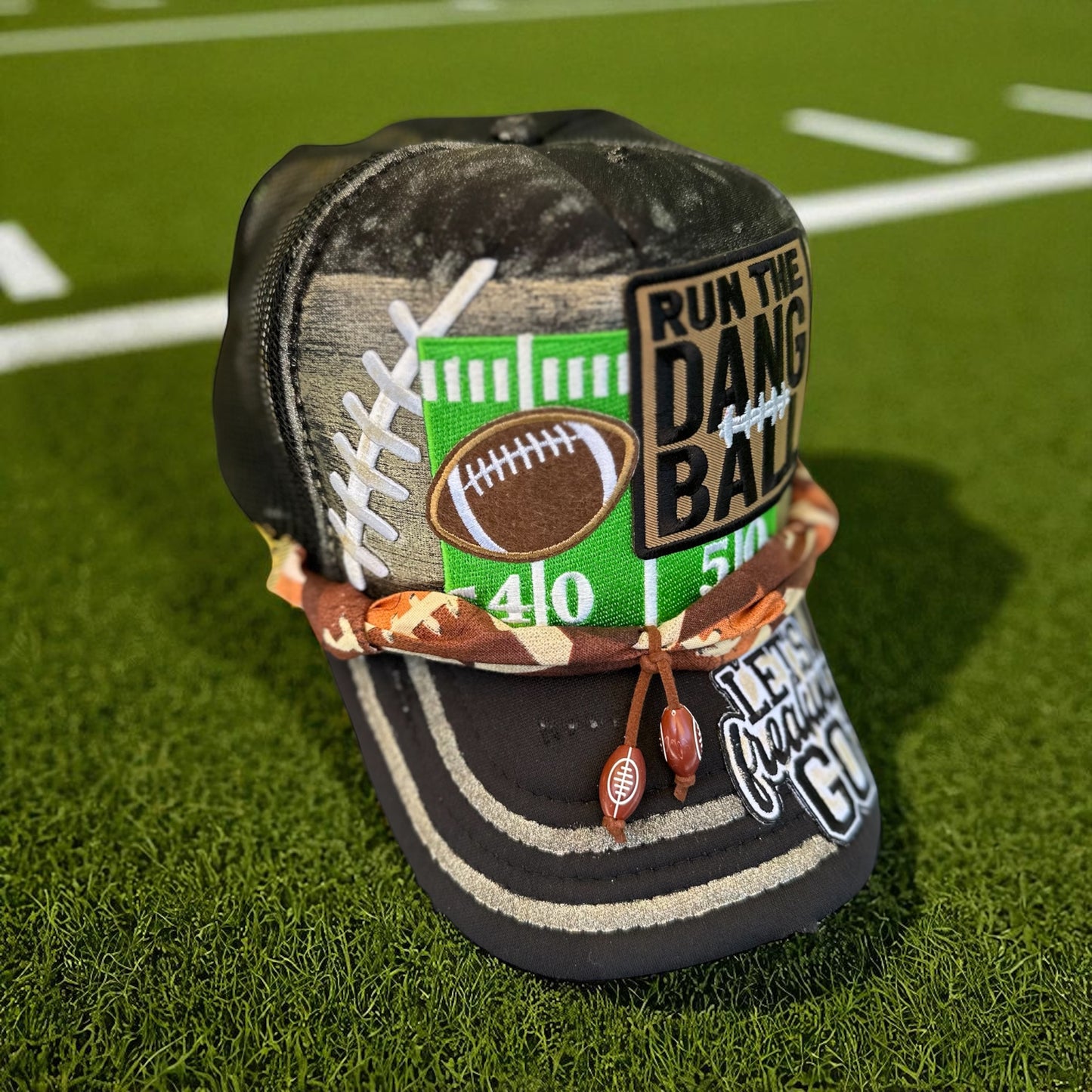 Custom Run The Dang Ball Football Hat | Cloth Football Hat Chain | Hand Painted “Lets Freakin Go” Glitter Accent Cap