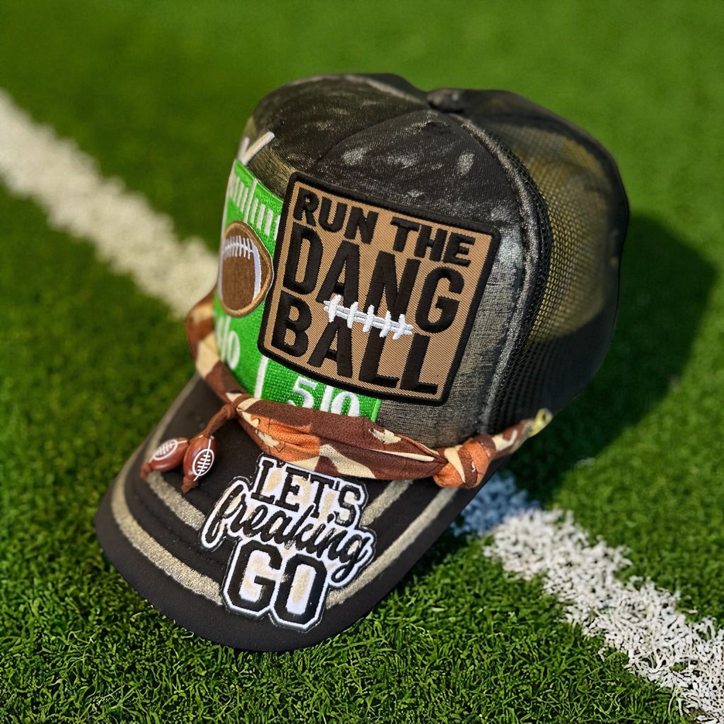 Custom Run The Dang Ball Football Hat | Cloth Football Hat Chain | Hand Painted “Lets Freakin Go” Glitter Accent Cap