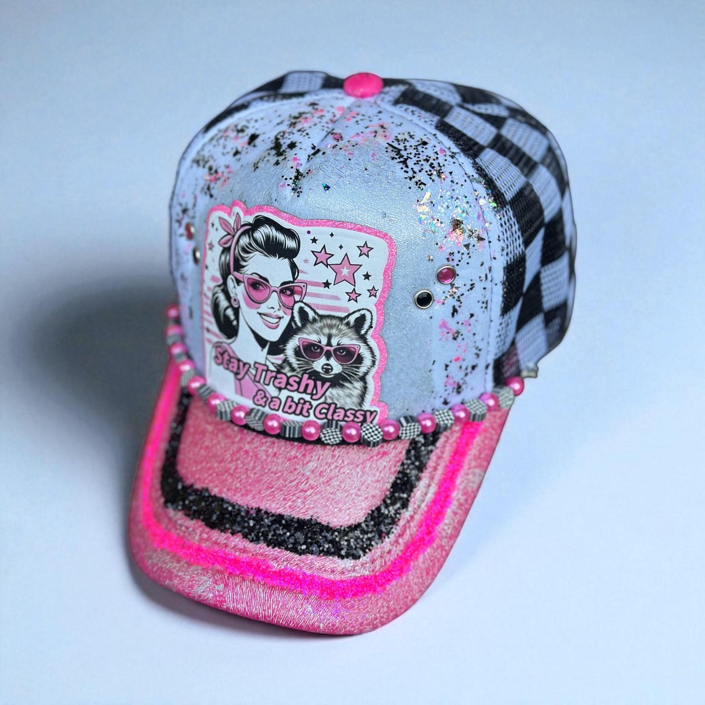Neon Pink And Black And White Checkered Mesh “Stay Trashy And A Little Classy” Adjustible Hat with silver foiling and black and pink glitter