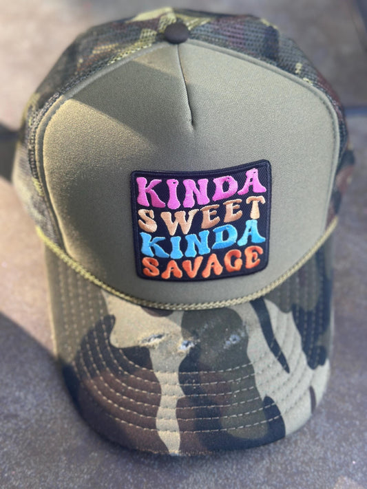 Camo “Kinda Sweet Kinda Savage” destructed Hat.